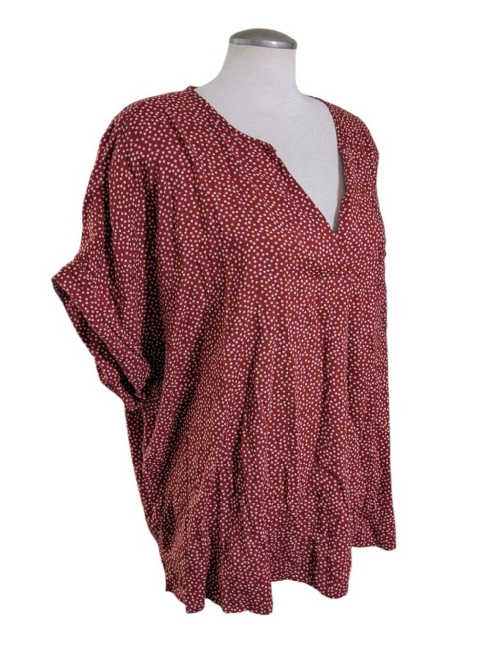 Old Navy New Rust Red Polka Dot Top V Neck Cuff Sleeve Blouse XXL Pocket Relaxed - Picture 2 of 7